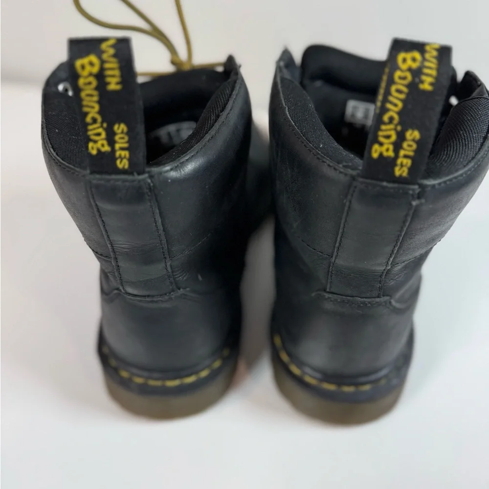 Dr. Martens Black Leather Lace-Up Combat Boots with Yellow Accents